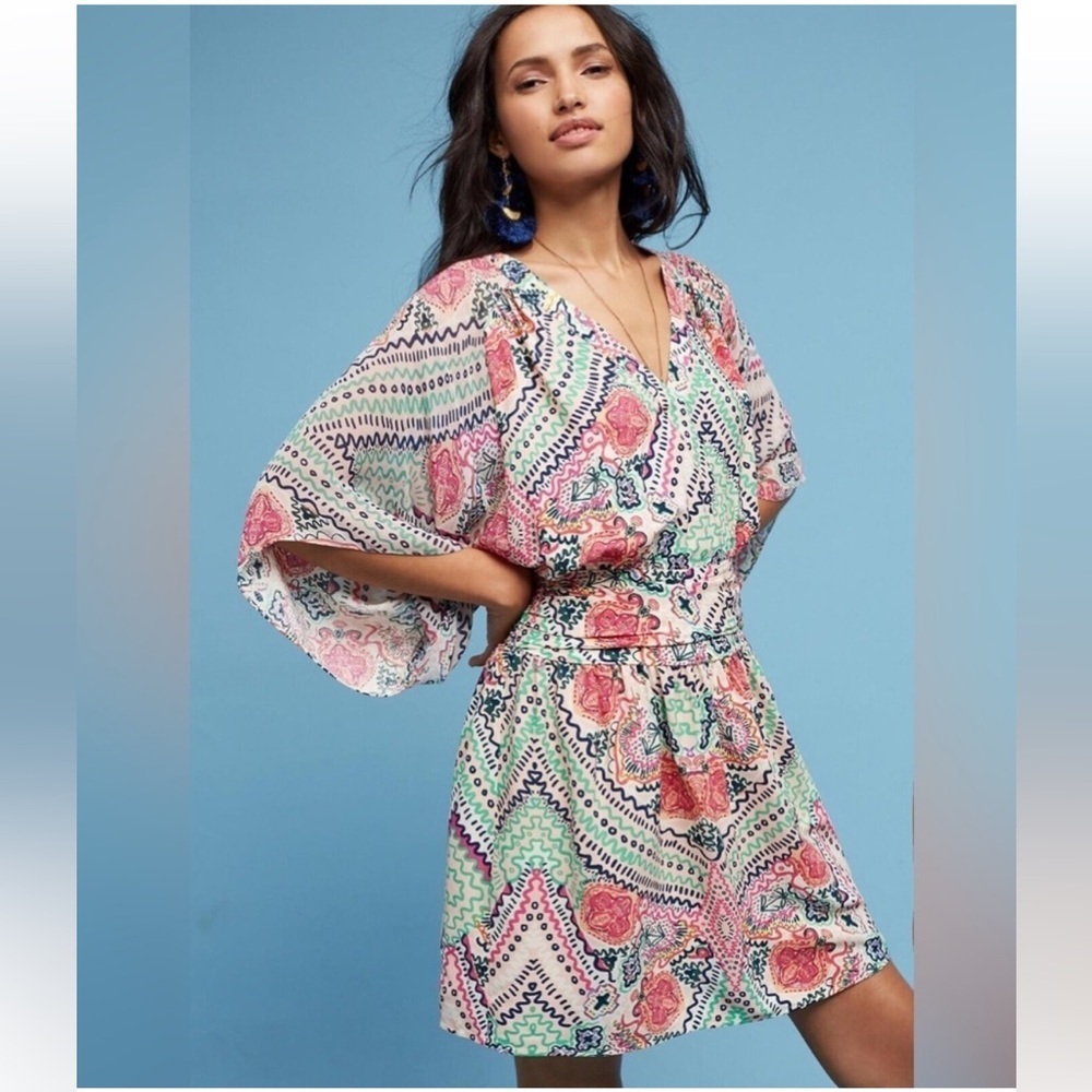 ANTHROPOLOGIE Maeve Siya Kimono Multi-Color Floral Dress Keyhole Back Sz 2